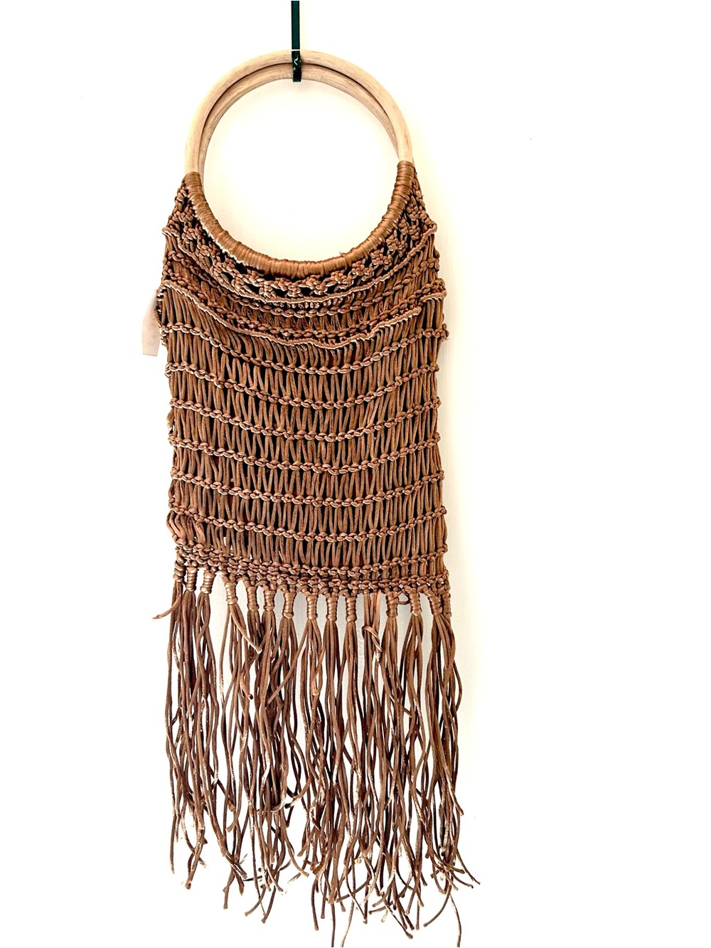Handwoven Brown Fringe Tote with Wooden Handles